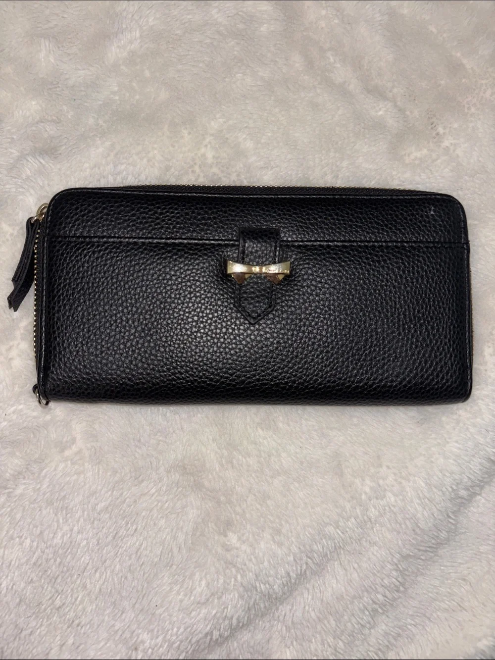 Anne Klein Black Pebbled Leather Zip Wallet with Gold Accent
